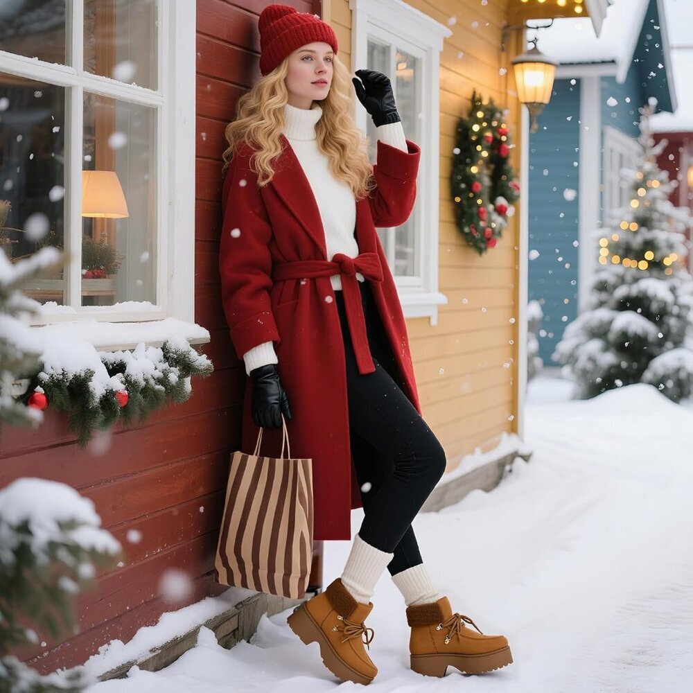 Women's Brown Platform Lace Up Snow Boots with Zipper & Chunky Heels - Picture 3 of 6